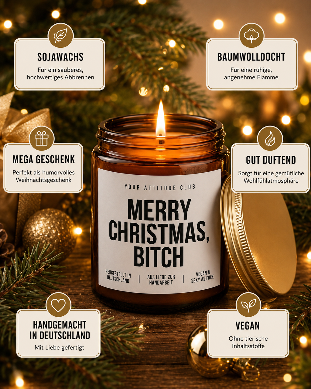 MERRY CHRISTMAS, BITCH Weihnachtskerze mit Spruch | freche Duftkerze | lustiges Weihnachtsgeschenk | Wichtelgeschenk Erwachsene | Sojawachs Kerze handgemacht