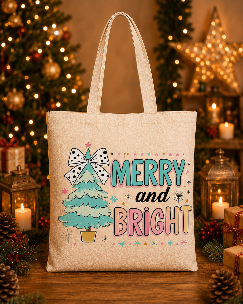 Merry and Bright – Weihnachtlicher Stoffbeutel mit pastellfarbenem Weihnachtsbaum und Schleife | Baumwolltasche mit langen Henkeln | Geschenkidee zu Weihnachten
