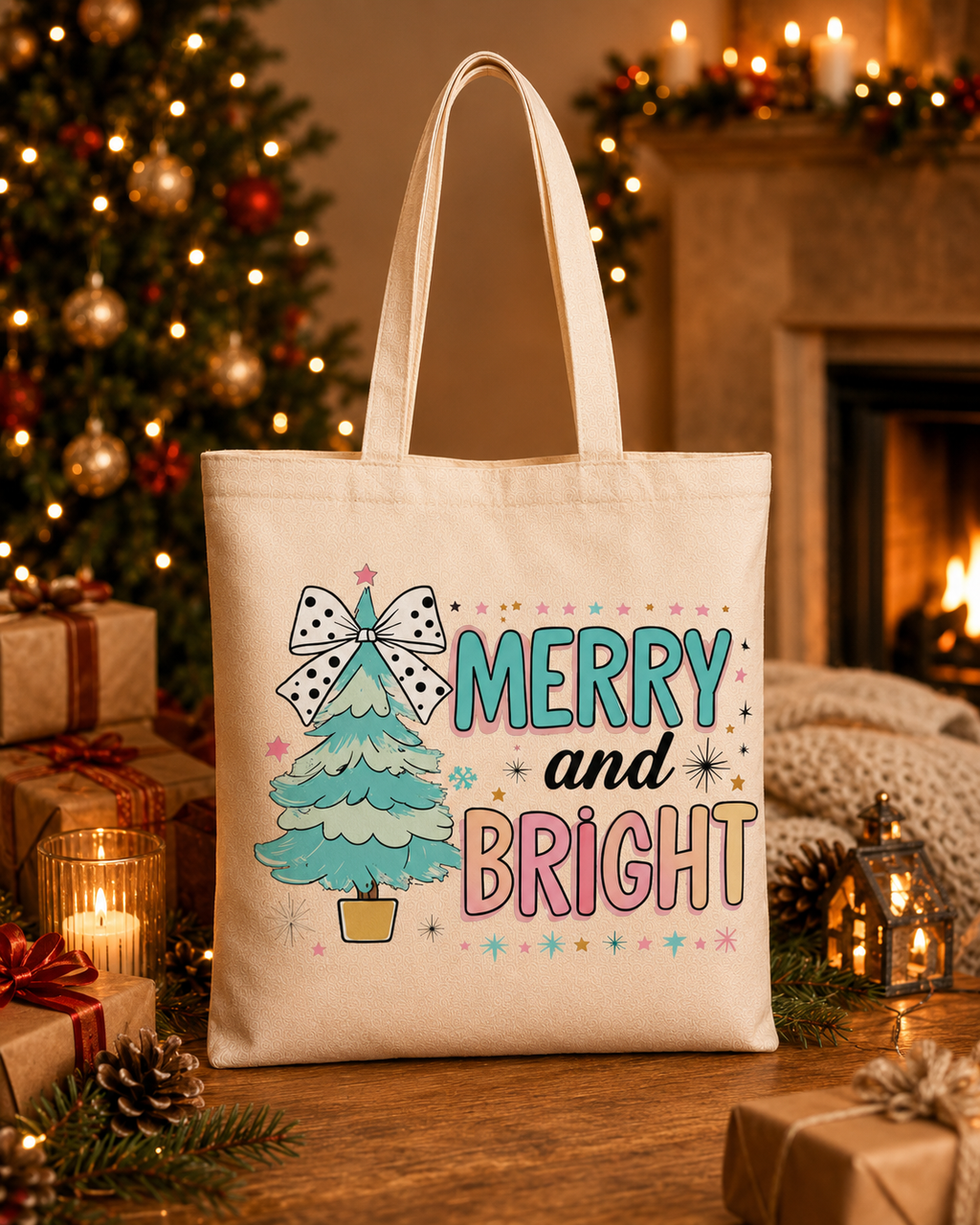 Merry and Bright – Weihnachtlicher Stoffbeutel mit pastellfarbenem Weihnachtsbaum und Schleife | Baumwolltasche mit langen Henkeln | Geschenkidee zu Weihnachten