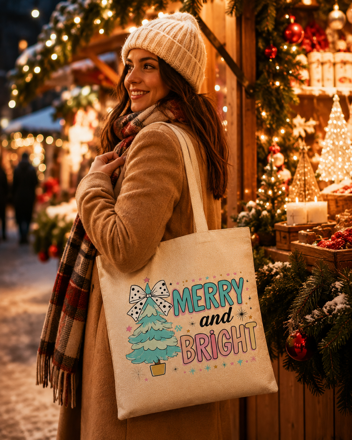 Merry and Bright – Weihnachtlicher Stoffbeutel mit pastellfarbenem Weihnachtsbaum und Schleife | Baumwolltasche mit langen Henkeln | Geschenkidee zu Weihnachten