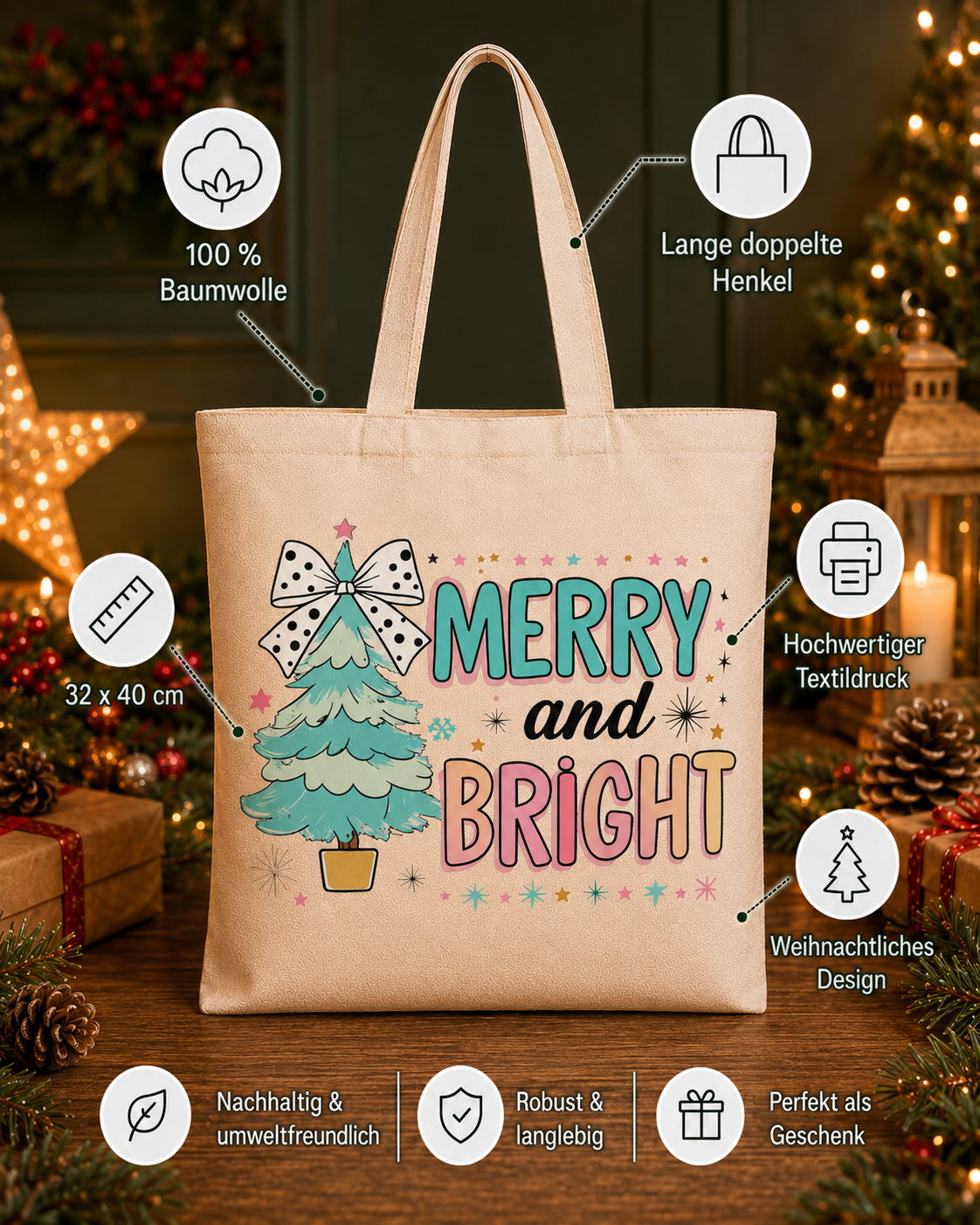 Merry and Bright – Weihnachtlicher Stoffbeutel mit pastellfarbenem Weihnachtsbaum und Schleife | Baumwolltasche mit langen Henkeln | Geschenkidee zu Weihnachten