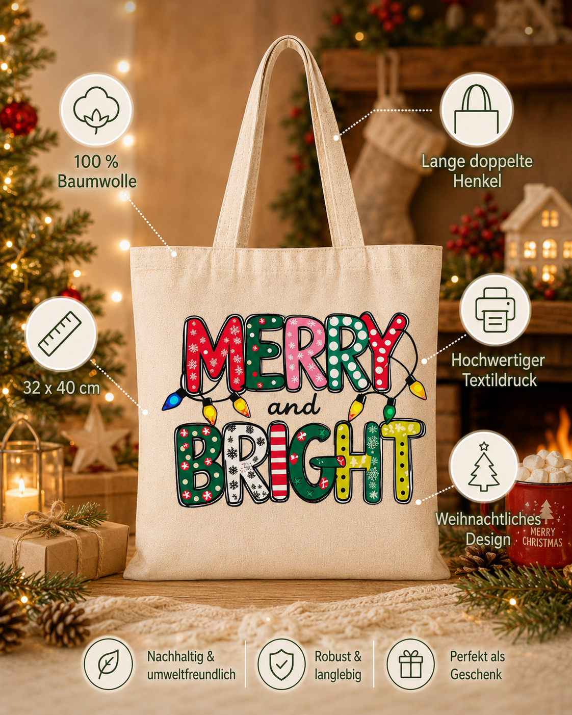 Merry and Bright | Weihnachtlicher Stoffbeutel aus Baumwolle – nachhaltige Tragetasche mit langen Henkeln – Weihnachtsgeschenk