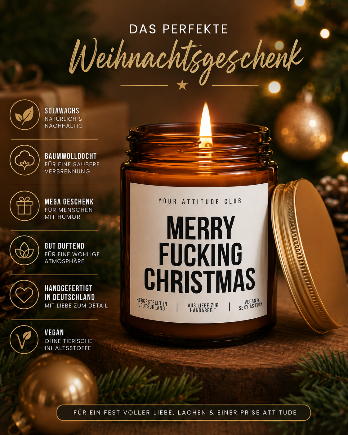MERRY FUCKING CHRISTMAS Weihnachtskerze mit Spruch | freche Duftkerze | lustiges Weihnachtsgeschenk | Wichtelgeschenk Erwachsene | Sojawachs Kerze handgemacht