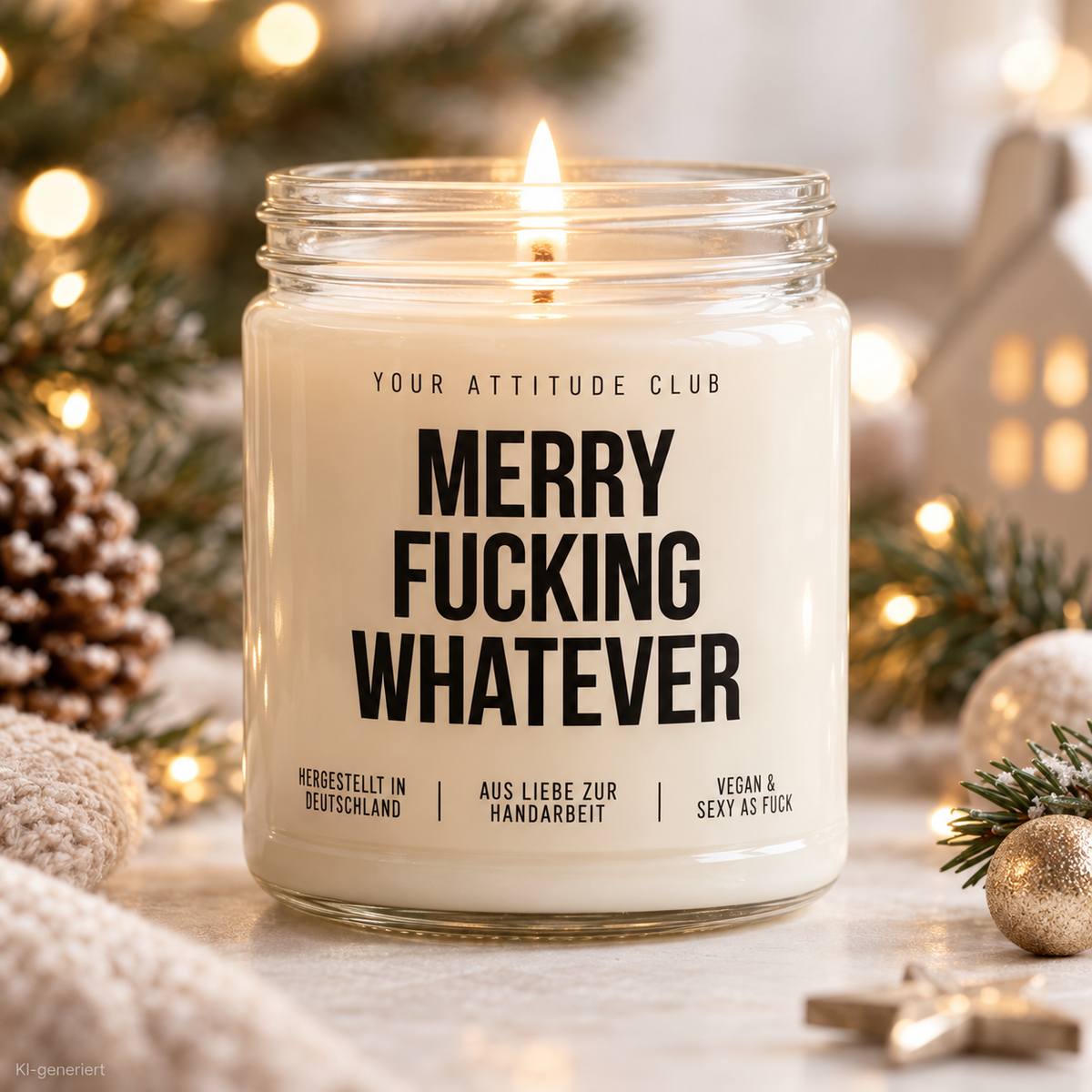 MERRY FUCKING WHATEVER | Weihnachtskerze Duftkerze Weihnachten Weihnachtsgeschenk lustige Geschenkidee Wichtelgeschenk für Freundin Kollegin Schwester