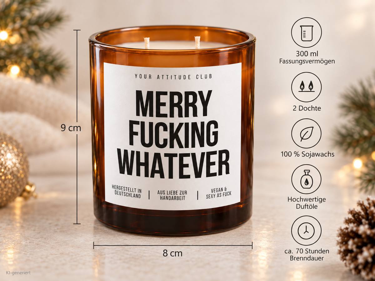MERRY FUCKING WHATEVER – Weihnachtskerze Naturgras Etikett | Lustiges Weihnachtsgeschenk | Geschenk für Freundin, Kollegin & Freunde | Geschenkidee Weihnachten