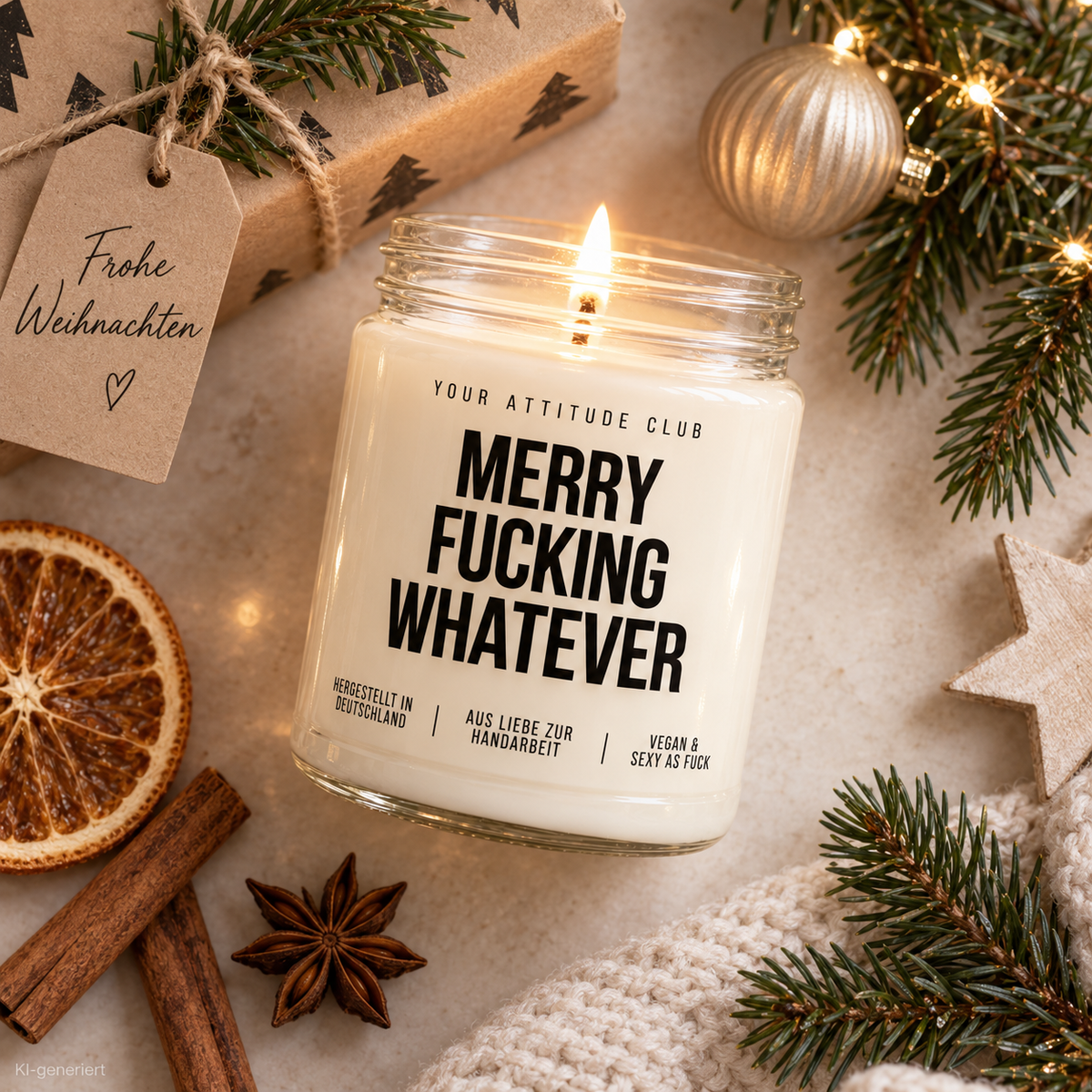 MERRY FUCKING WHATEVER | Weihnachtskerze Duftkerze Weihnachten Weihnachtsgeschenk lustige Geschenkidee Wichtelgeschenk für Freundin Kollegin Schwester
