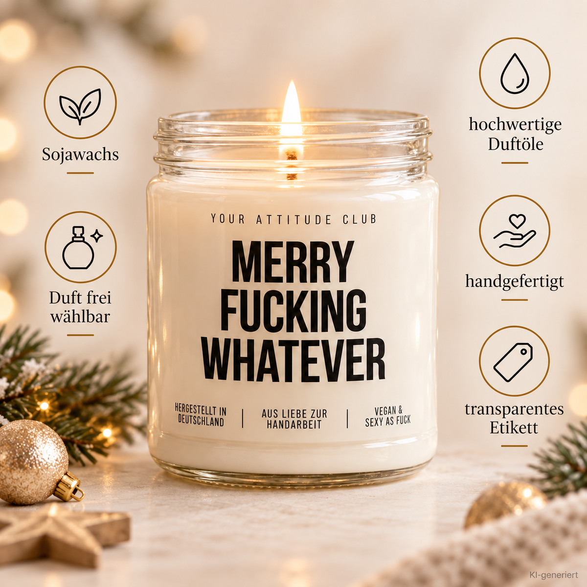 MERRY FUCKING WHATEVER | Weihnachtskerze Duftkerze Weihnachten Weihnachtsgeschenk lustige Geschenkidee Wichtelgeschenk für Freundin Kollegin Schwester