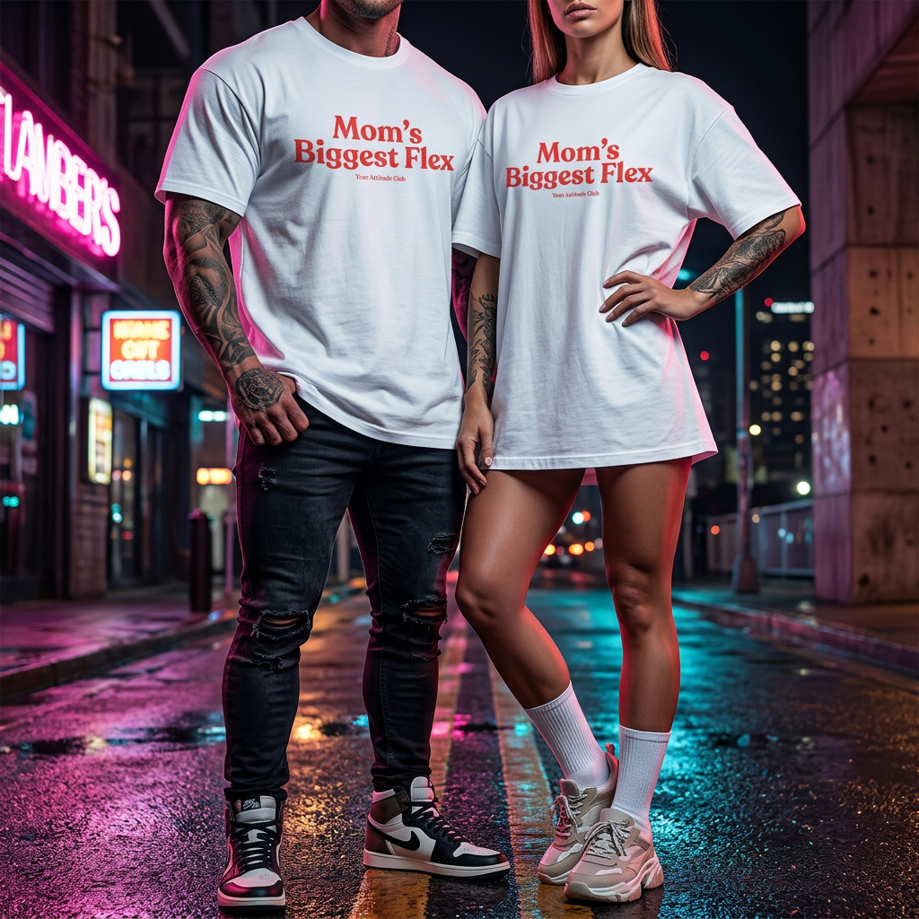 Mom’s Biggest Flex Shirt mit Frontprint – Oversize Unisex T-Shirt aus 100% Baumwolle, Statement Streetwear, Geschenkidee