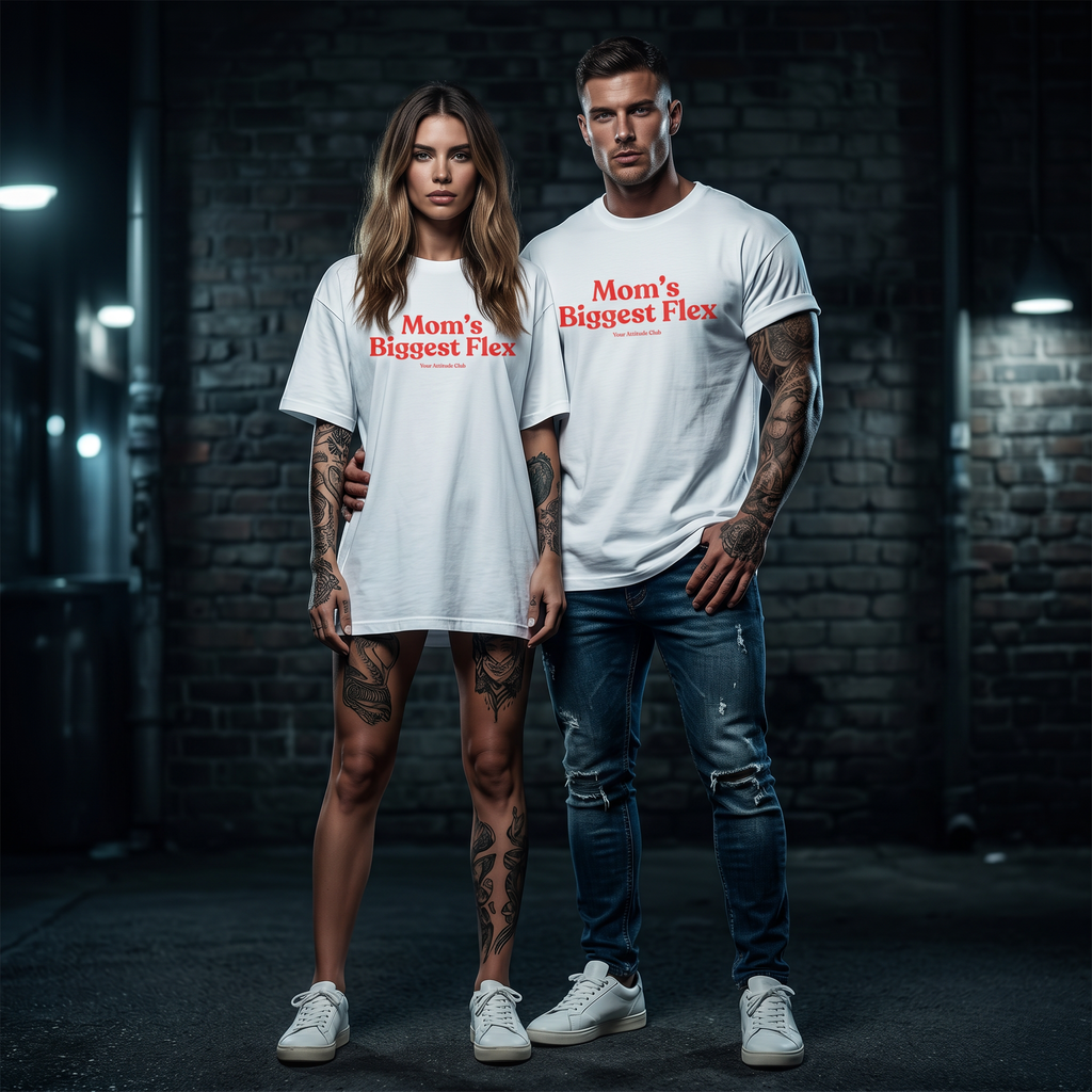 Mom’s Biggest Flex Shirt mit Frontprint – Oversize Unisex T-Shirt aus 100% Baumwolle, Statement Streetwear, Geschenkidee