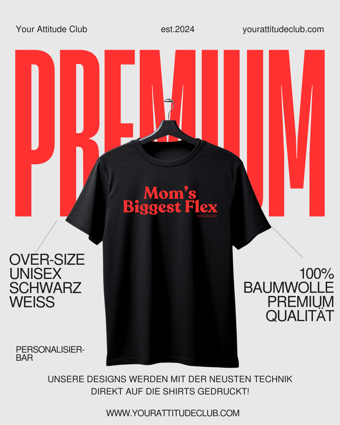 Mom’s Biggest Flex – Oversize Damen T Shirt Schwarz Statement Shirt Geschenk Mama Premium Baumwolle
