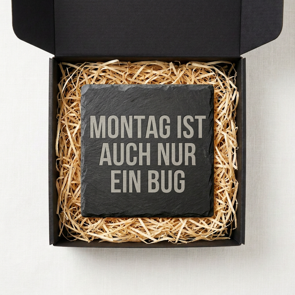 Montag ist auch nur ein Bug – Schiefer Untersetzer 10x10 cm, lustiges Büro Geschenk, Geschenk für Arbeitskollegen, handgravierter Naturstein