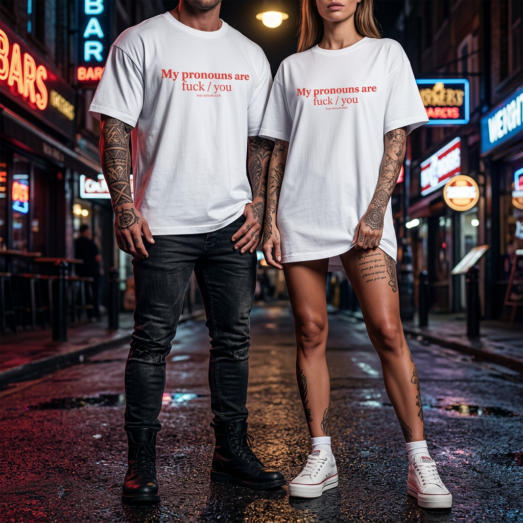 My pronouns are fuck / you Shirt mit Frontprint – Oversize Unisex T-Shirt aus 100% Baumwolle, Statement Streetwear Look