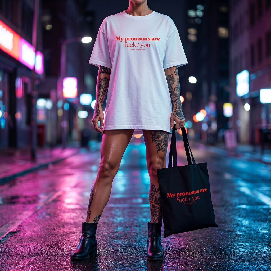 My pronouns are fuck / you Beutel – Statement Tragetasche Baumwolle, frecher Stoffbeutel, Shopper Bag groß, Trend Tasche Damen Herren
