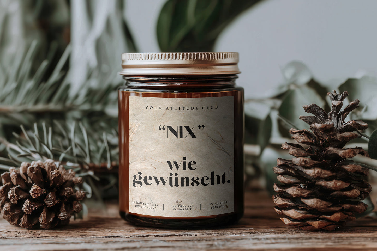 Nix wie gewünscht – Weihnachtskerze im Amberglas mit Naturgraspapier-Etikett, 120 ml & 160 ml, 30–40h Brenndauer, mit/ohne Duft