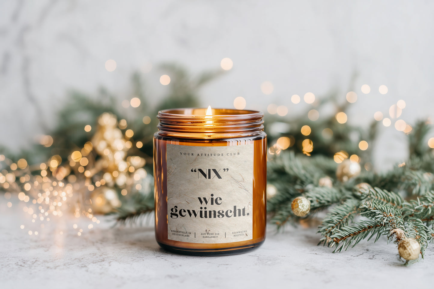 Nix wie gewünscht – Weihnachtskerze im Amberglas mit Naturgraspapier-Etikett, 120 ml & 160 ml, 30–40h Brenndauer, mit/ohne Duft