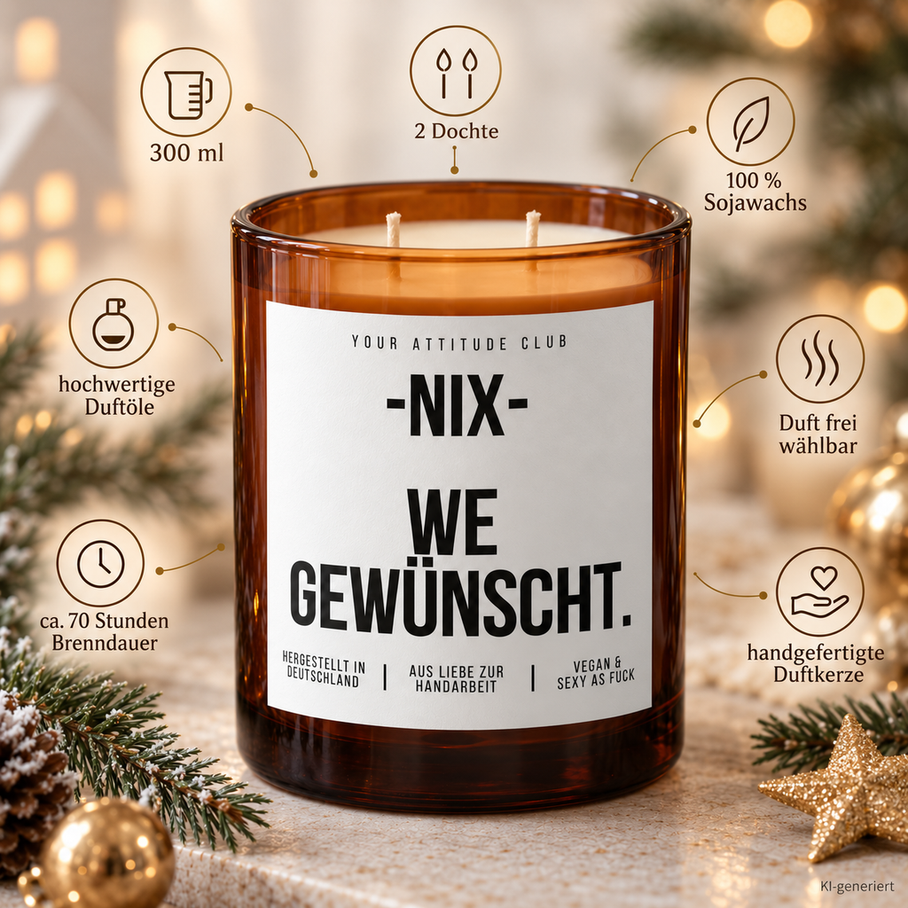 NIX – WE GEWÜNSCHT. – Weihnachtskerze | Lustiges Weihnachtsgeschenk | Geschenk für Freunde, Familie, Kollegen & Nachbarn | Geschenkidee Weihnachten