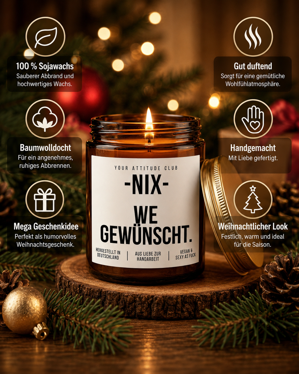 -NIX- WE GEWÜNSCHT. Weihnachtskerze | lustige Duftkerze mit Spruch | Geschenk Weihnachten | Sojawachs Kerze | handgemacht in Deutschland