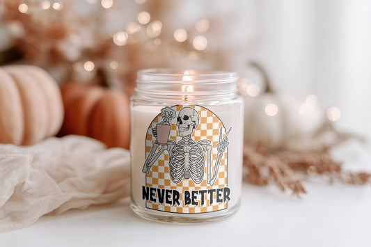 Never Better Kerze Halloween Deko Duftkerze Glas vegan Sojawachs Geschenkidee Herbst Homedecor