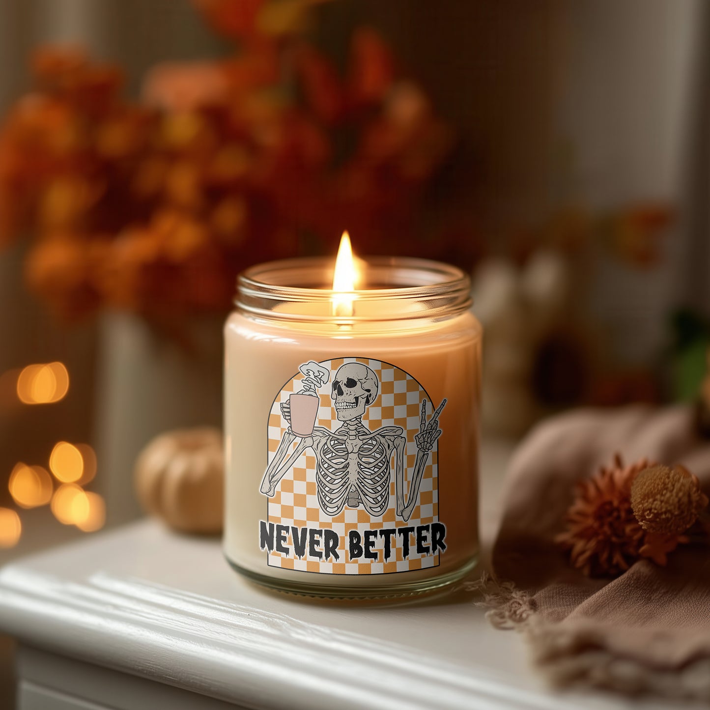 Never Better Kerze Halloween Deko Duftkerze Glas vegan Sojawachs Geschenkidee Herbst Homedecor