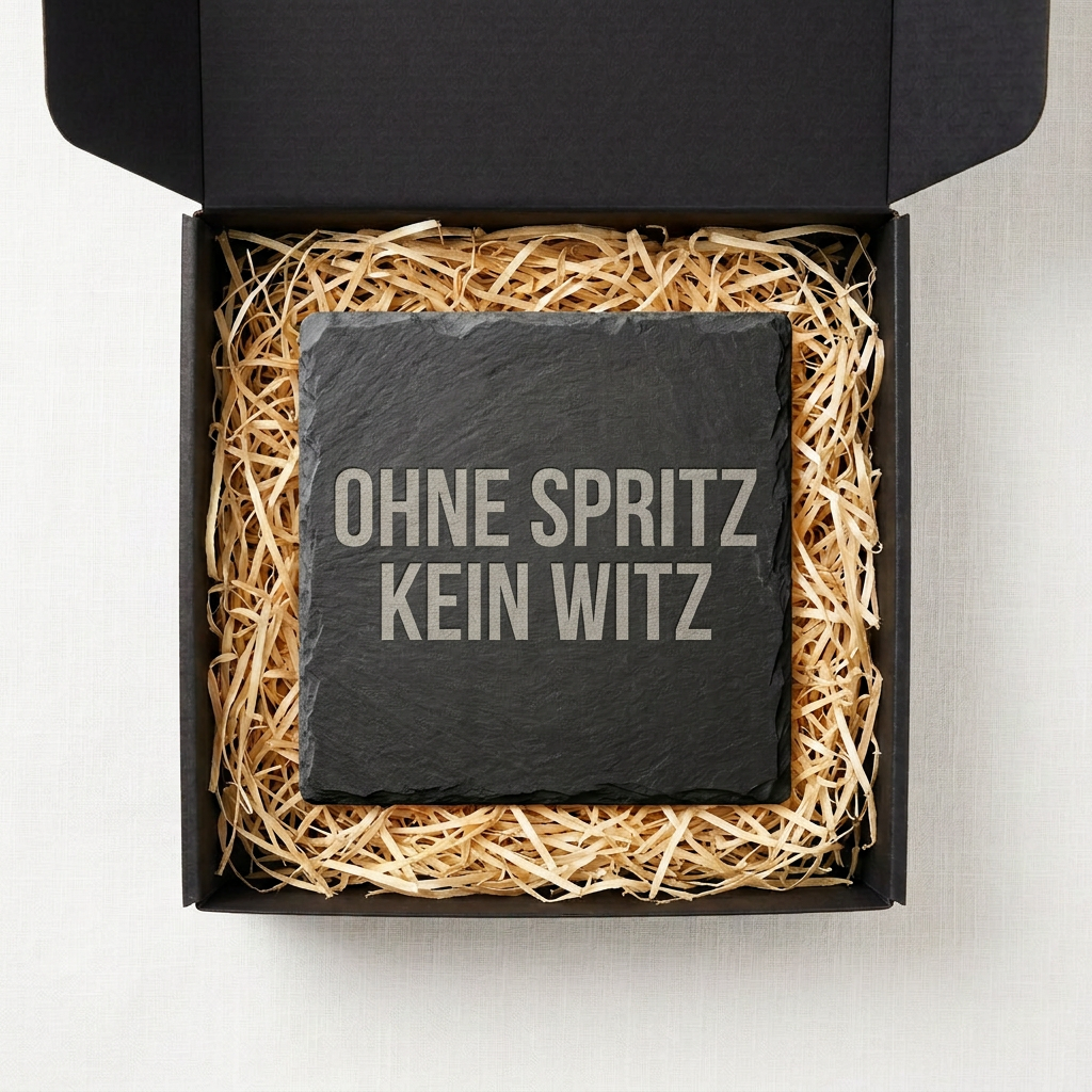 Ohne Spritz kein Witz – Schiefer Untersetzer 10x10 cm, lustiges Büro Geschenk, Geschenk für Arbeitskollegen, handgravierter Naturstein