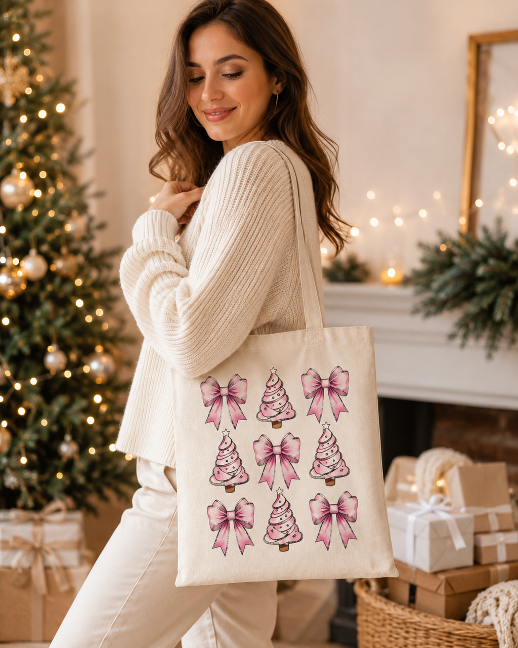 Pink Christmas Bows – Weihnachtlicher Stoffbeutel mit rosa Schleifen und Weihnachtsbäumen | Baumwolltasche mit langen Henkeln | Geschenkidee zu Weihnachten