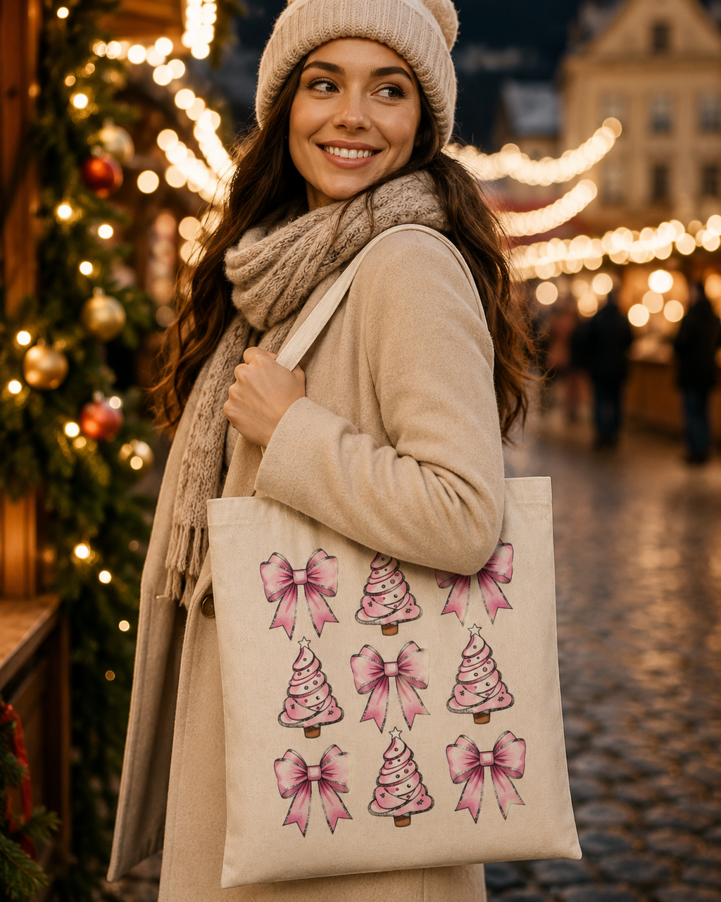 Pink Christmas Bows – Weihnachtlicher Stoffbeutel mit rosa Schleifen und Weihnachtsbäumen | Baumwolltasche mit langen Henkeln | Geschenkidee zu Weihnachten