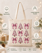Pink Christmas Bows – Weihnachtlicher Stoffbeutel mit rosa Schleifen und Weihnachtsbäumen | Baumwolltasche mit langen Henkeln | Geschenkidee zu Weihnachten