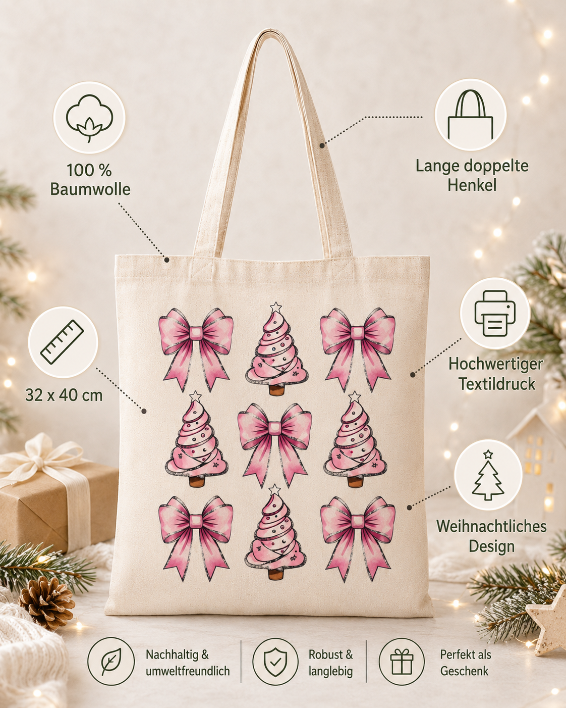 Pink Christmas Bows – Weihnachtlicher Stoffbeutel mit rosa Schleifen und Weihnachtsbäumen | Baumwolltasche mit langen Henkeln | Geschenkidee zu Weihnachten