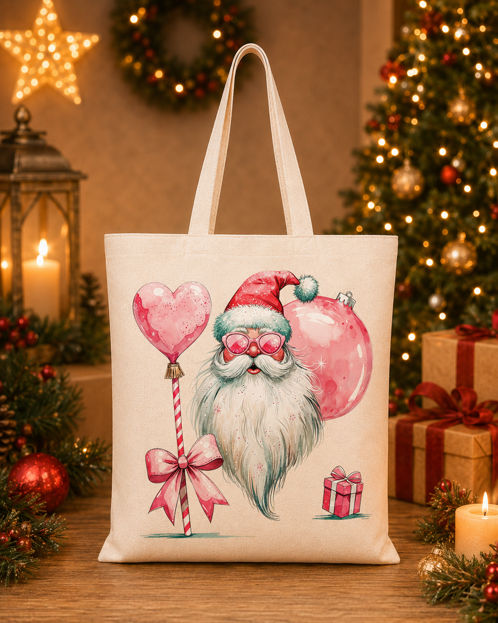 Pink Santa Glam – Weihnachtlicher Stoffbeutel mit rosa Weihnachtsmann | Baumwolltasche mit langen Henkeln | Originelles Weihnachtsgeschenk