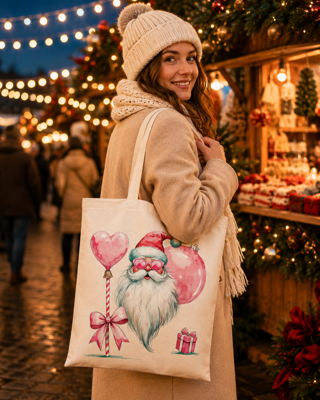 Pink Santa Glam – Weihnachtlicher Stoffbeutel mit rosa Weihnachtsmann | Baumwolltasche mit langen Henkeln | Originelles Weihnachtsgeschenk