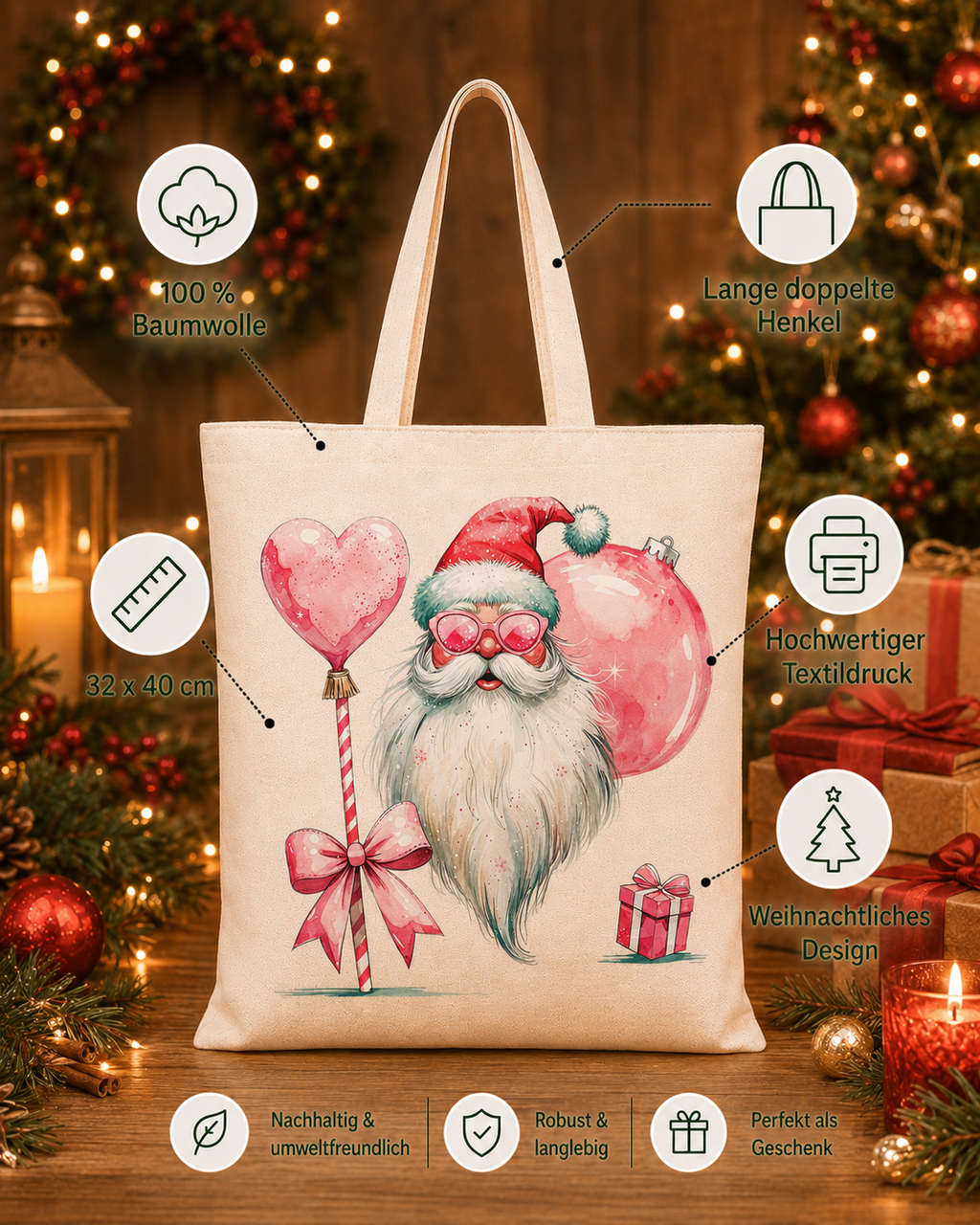 Pink Santa Glam – Weihnachtlicher Stoffbeutel mit rosa Weihnachtsmann | Baumwolltasche mit langen Henkeln | Originelles Weihnachtsgeschenk