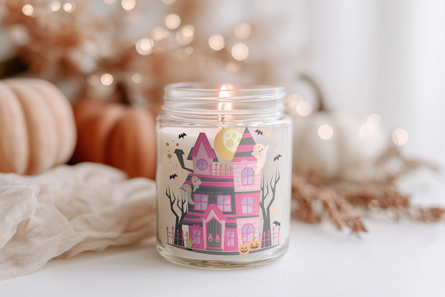 Pink Haunted House Kerze Halloween Duftkerze Glas vegan Sojawachs Herbstdeko Geschenkidee Homedecor