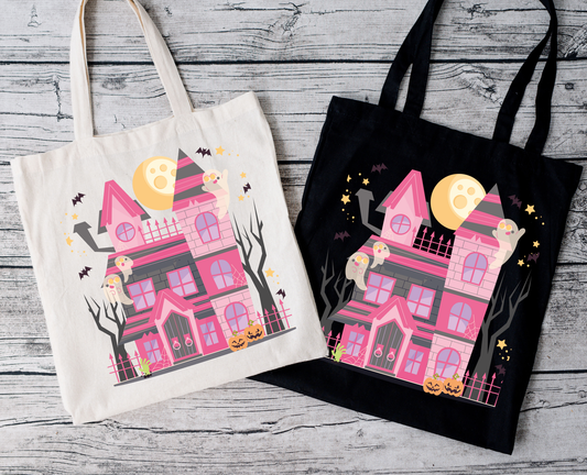Pink Spooky House | Tragetasche mit Spruch – Baumwollbeutel mit Attitude