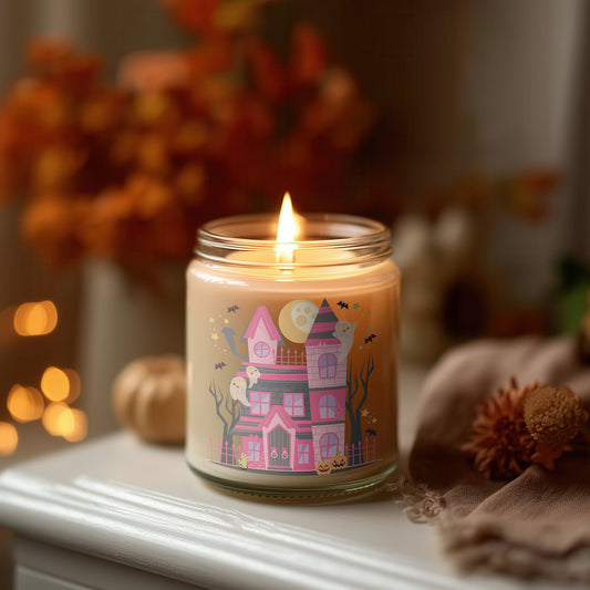 Pink Haunted House Kerze Halloween Duftkerze Glas vegan Sojawachs Herbstdeko Geschenkidee Homedecor