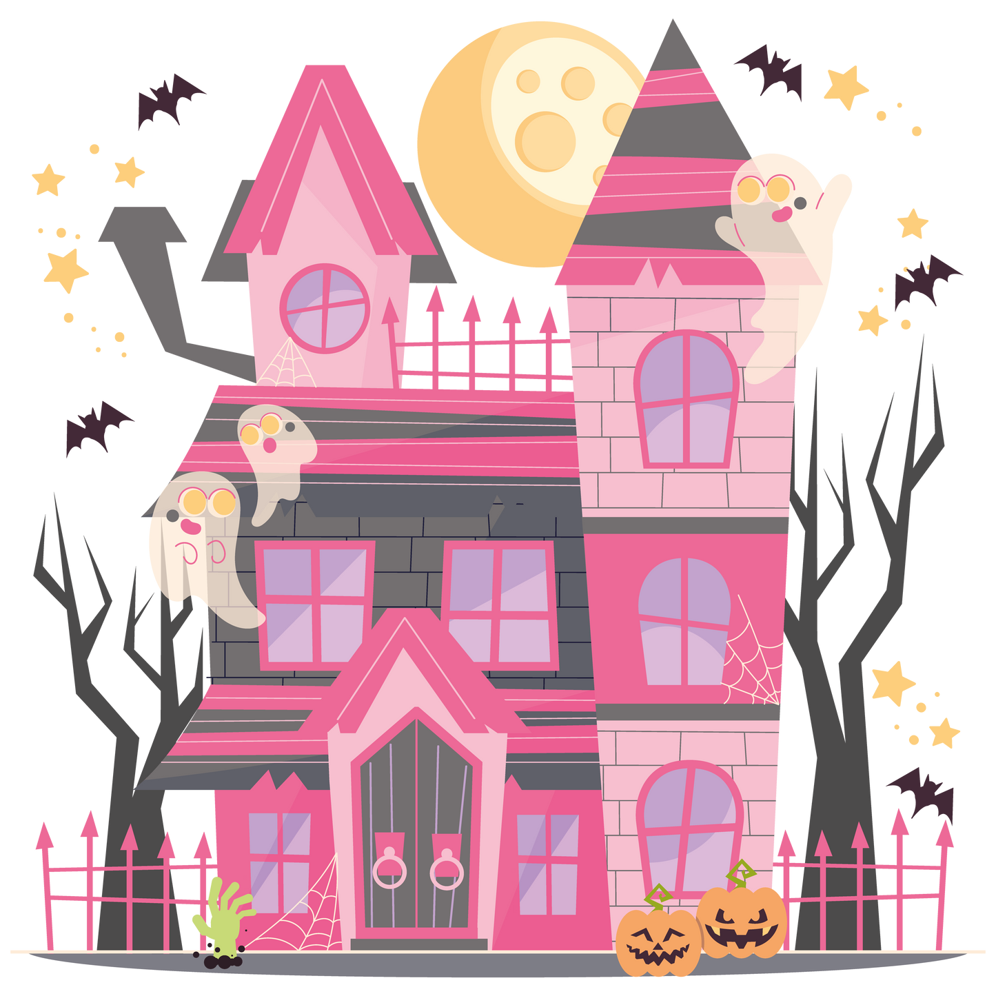 Halloween Tote Bag Pink Spooky House – Baumwollbeutel mit Geisterhaus Motiv – Rosa, Beige & Schwarz – auch als Bügelbild – Geschenkidee Halloween Tasche