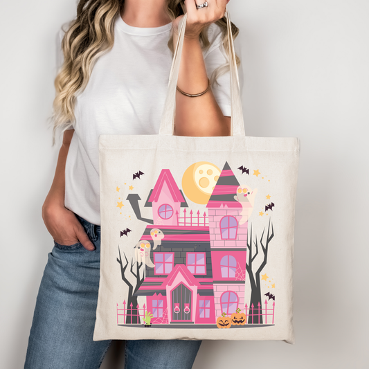 Halloween Tote Bag Pink Spooky House – Baumwollbeutel mit Geisterhaus Motiv – Rosa, Beige & Schwarz – auch als Bügelbild – Geschenkidee Halloween Tasche
