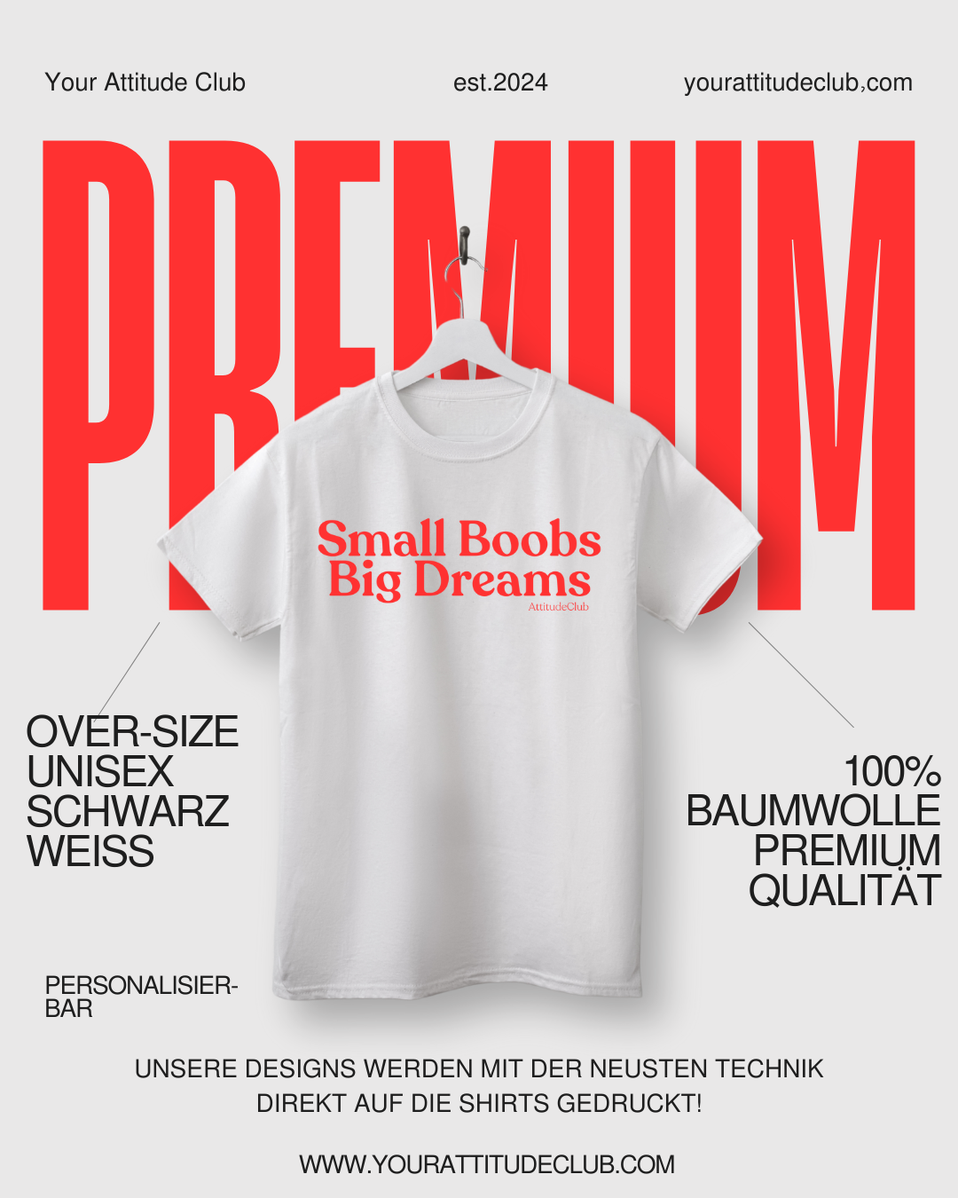 Small Boobs Big Dreams – Oversize Unisex Shirt aus Bio-Baumwolle | Statement T-Shirt Damen & Herren | Lockeres Streetwear Shirt