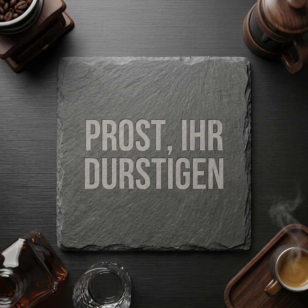Prost, ihr Durstigen – Schiefer Untersetzer 10x10 cm, lustiges Büro Geschenk, Geschenk für Arbeitskollegen, handgravierter Naturstein