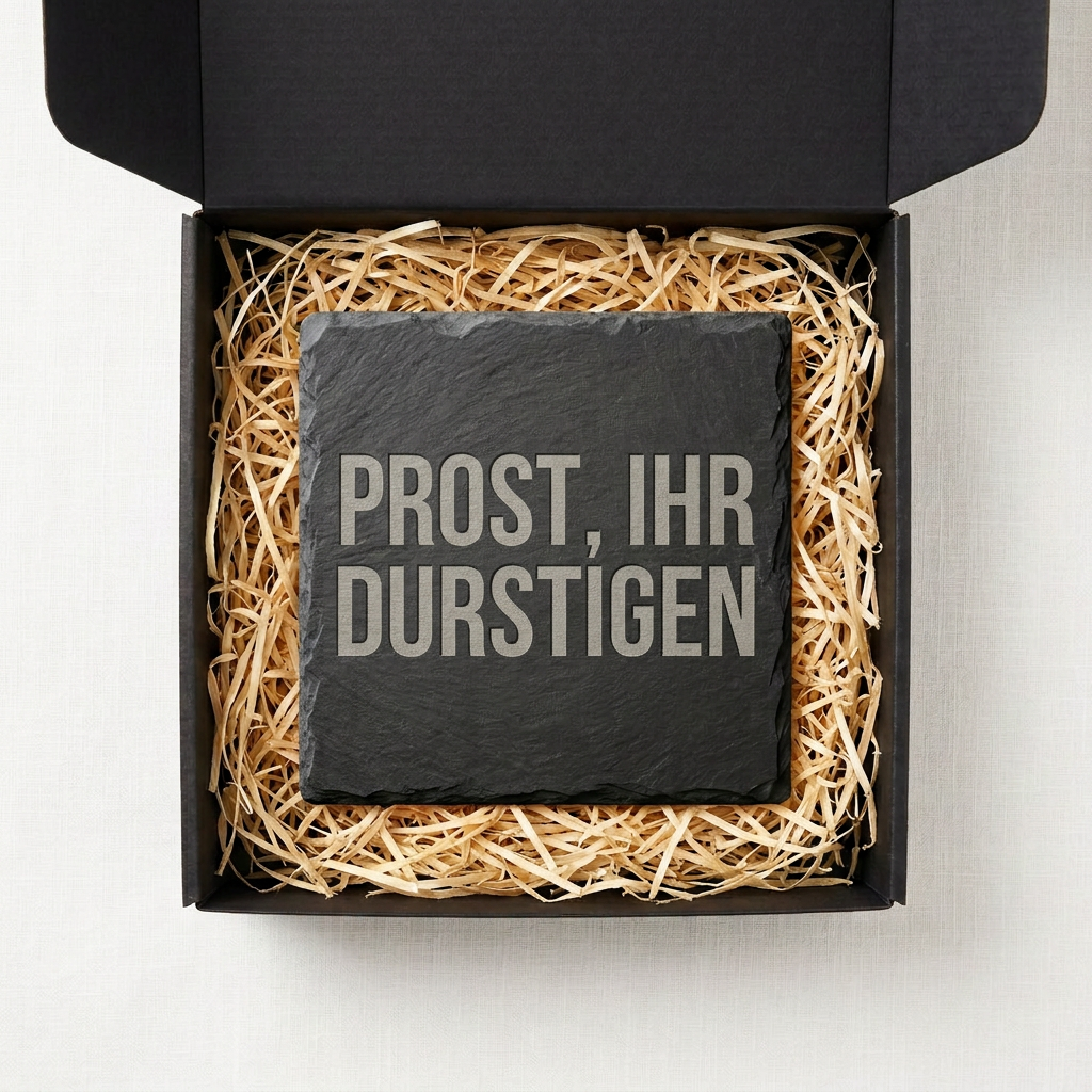 Prost, ihr Durstigen – Schiefer Untersetzer 10x10 cm, lustiges Büro Geschenk, Geschenk für Arbeitskollegen, handgravierter Naturstein