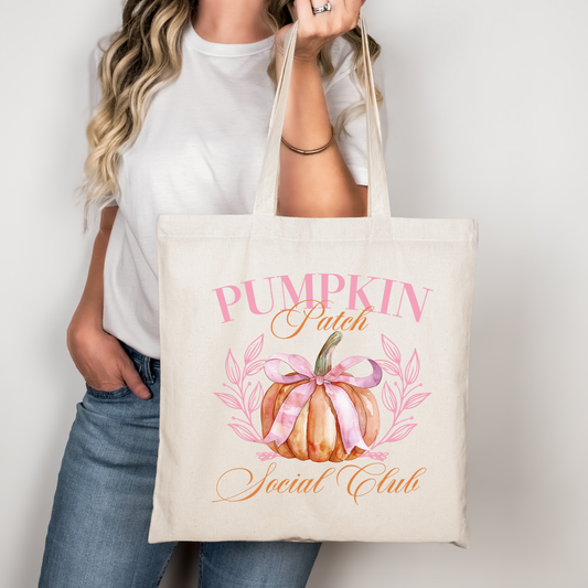 Herbst Tasche Kürbis Design – Pumpkin Patch Social Club Baumwollbeutel – Halloween Einkaufstasche in Beige, Schwarz oder Rosa – Auch als Bügelbild für Shirts, Kissen & Co.