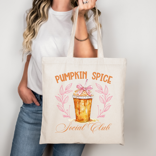 Pumpkin Spice Social Club Tote Bag – Baumwollbeutel Herbst Design in Beige, Rosa, Schwarz – Halloween Tasche oder Bügelbild für Shirt, Kissen, Jacke – 38x42cm DTG Druck Geschenk Idee