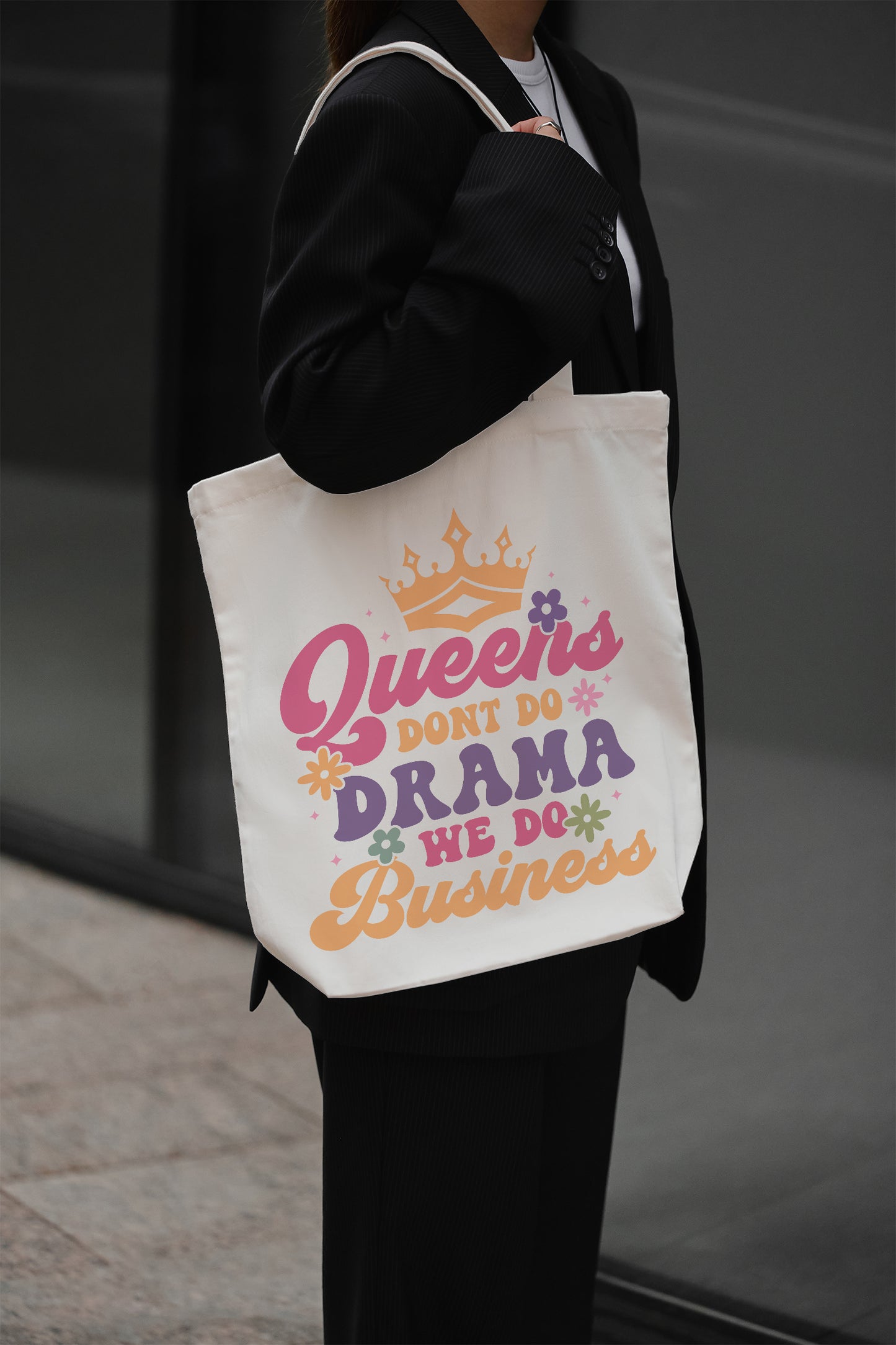 Queens Don’t Do Drama We Do Business Baumwolltasche Stoffbeutel Retro Spruch nachhaltig Shopper bedruckt Geschenk Motiv individuell