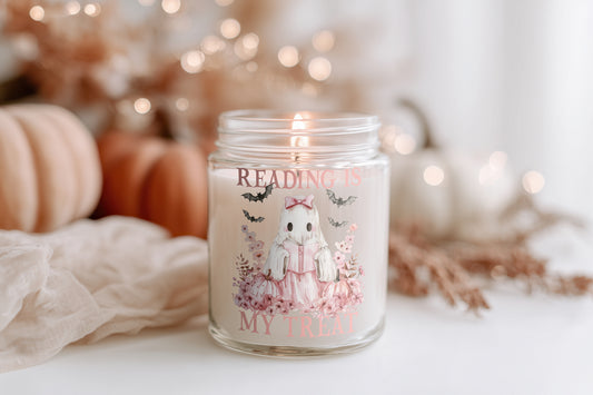 Reading is my Treat Kerze vegane Duftkerze im Glas Herbst Halloween Deko Geschenkidee Bücherliebhaber Candle