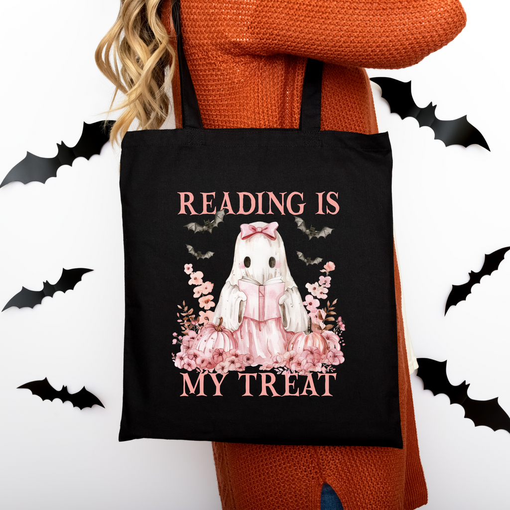 Reading is my Treat Tote Bag – Halloween Bücherliebhaber Tasche aus Baumwolle – Ghost Girl Print – Rosa, Beige oder Schwarz – auch als Bügelbild