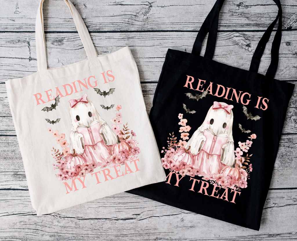 Reading is my Treat Tote Bag – Halloween Bücherliebhaber Tasche aus Baumwolle – Ghost Girl Print – Rosa, Beige oder Schwarz – auch als Bügelbild