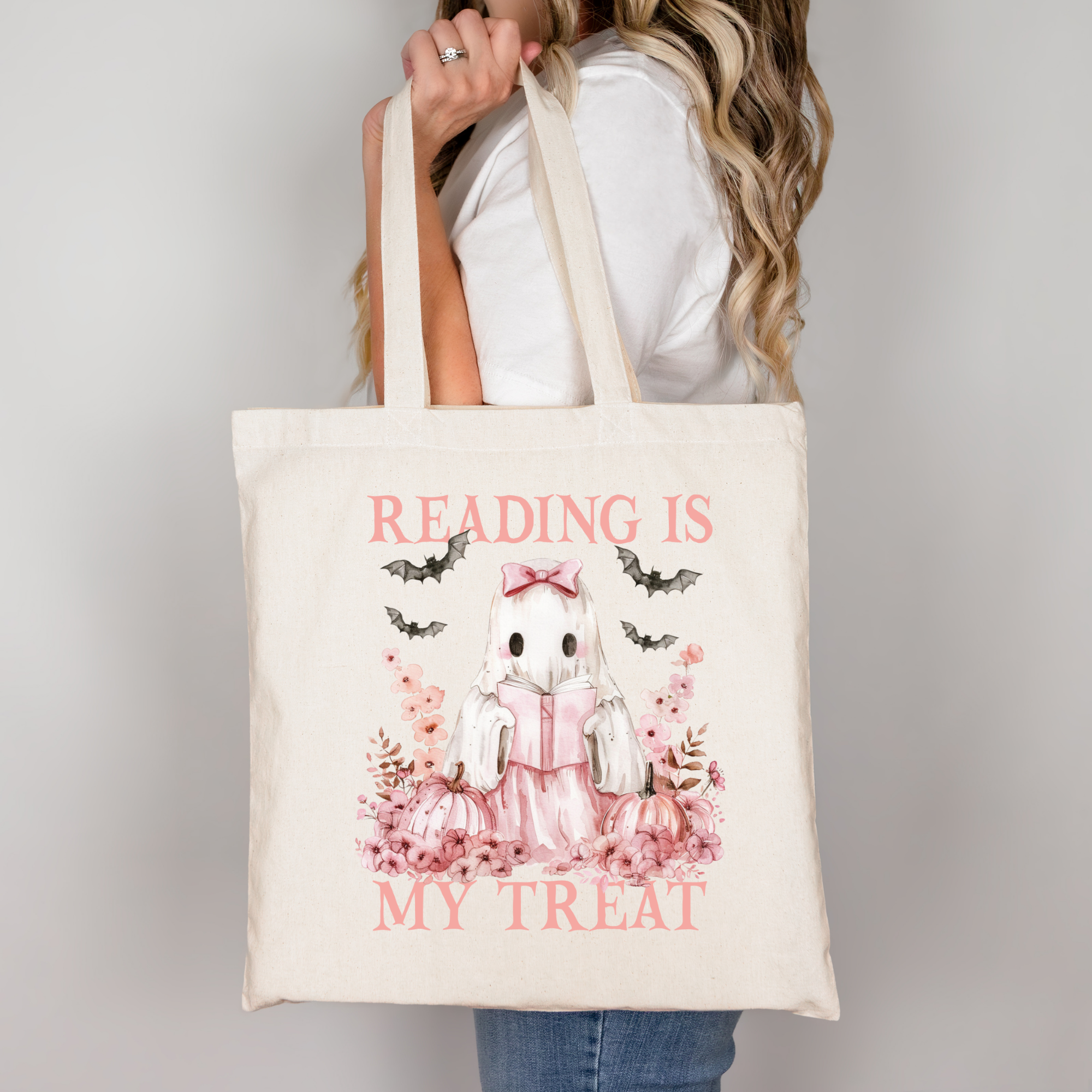 Reading is my Treat Tote Bag – Halloween Bücherliebhaber Tasche aus Baumwolle – Ghost Girl Print – Rosa, Beige oder Schwarz – auch als Bügelbild