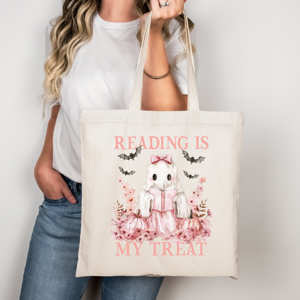 Reading is my Treat Tote Bag – Halloween Bücherliebhaber Tasche aus Baumwolle – Ghost Girl Print – Rosa, Beige oder Schwarz – auch als Bügelbild
