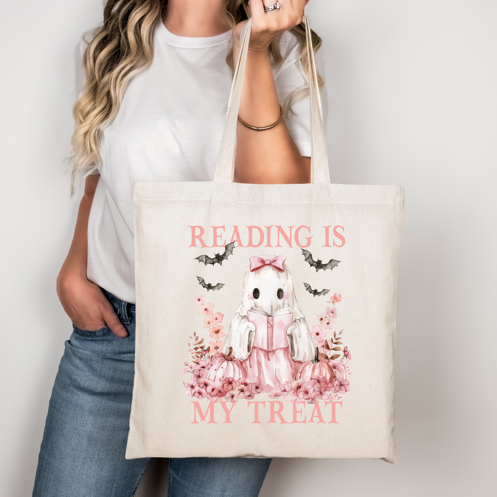 Reading is my Treat Tote Bag – Halloween Bücherliebhaber Tasche aus Baumwolle – Ghost Girl Print – Rosa, Beige oder Schwarz – auch als Bügelbild