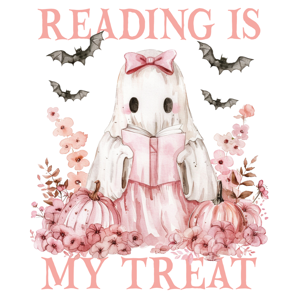 Reading is my Treat Tote Bag – Halloween Bücherliebhaber Tasche aus Baumwolle – Ghost Girl Print – Rosa, Beige oder Schwarz – auch als Bügelbild