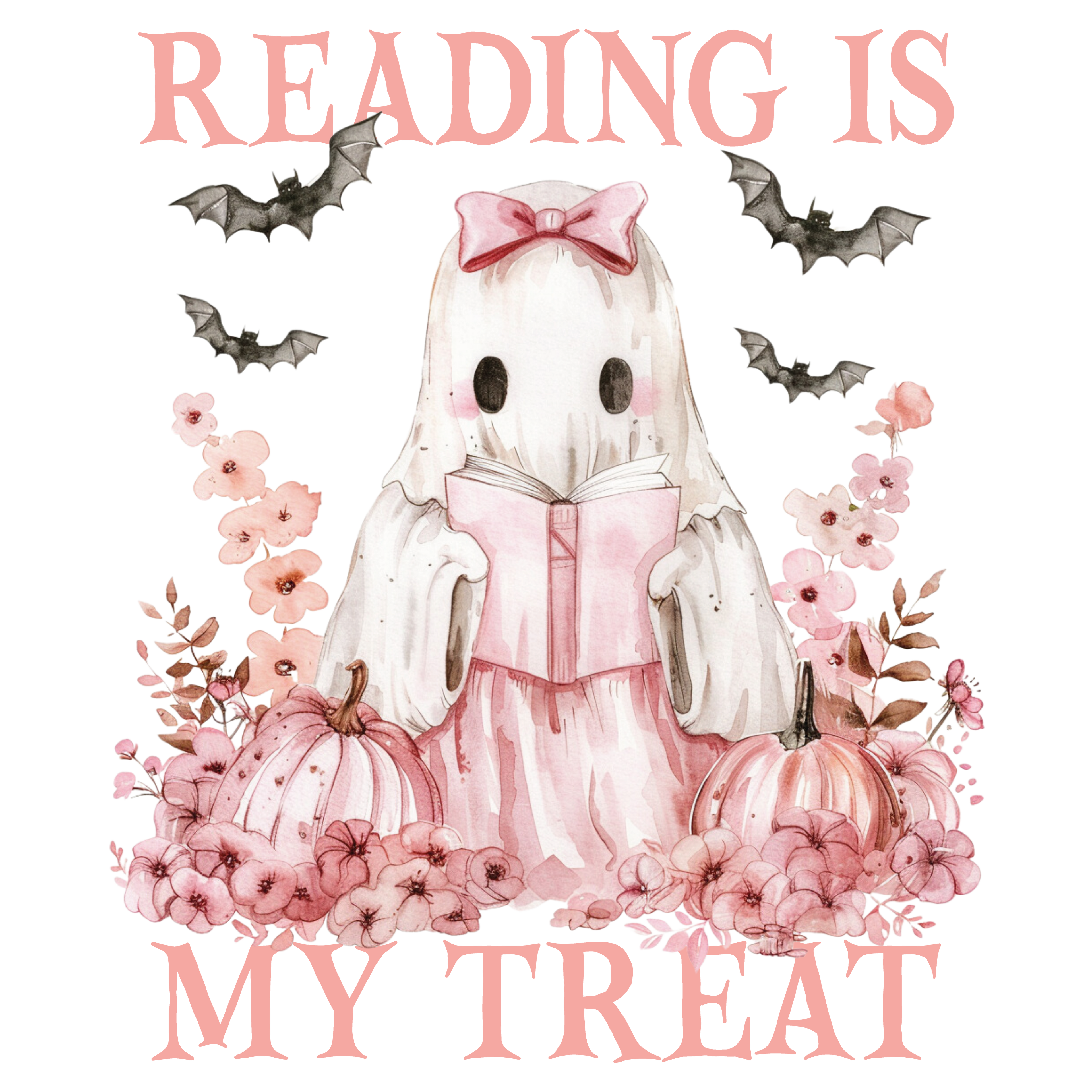 Reading is my Treat Tote Bag – Halloween Bücherliebhaber Tasche aus Baumwolle – Ghost Girl Print – Rosa, Beige oder Schwarz – auch als Bügelbild